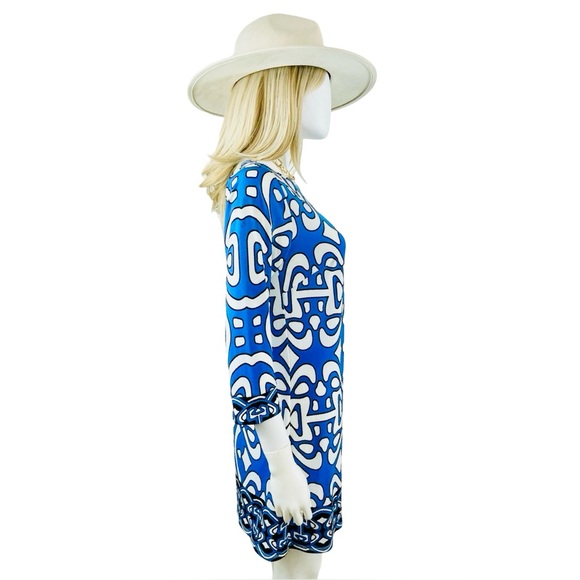 Laundry by Design Blue and White Geometric Shift Dress - 3/4 Sleeves - Size: 4 - Picture 3 of 5